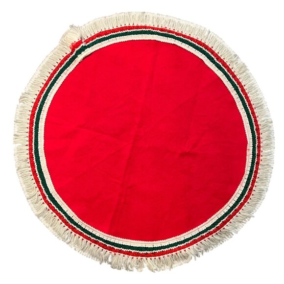 1970s Table Top Christmas Tree Skirt 34" Red Green and White Trim Italian Colors - Picture 1 of 5